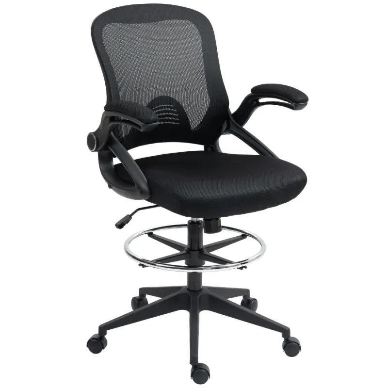 Drafting Chair with Flip-up Armrests and Foot Ring - Black