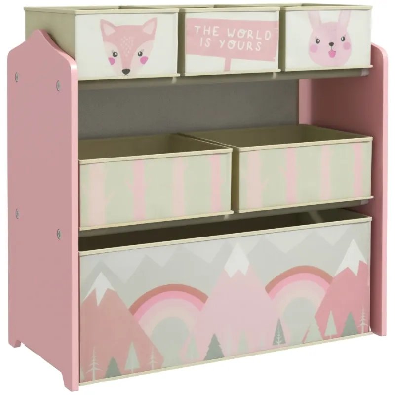 Kids' Pink Toy Storage Organiser with 6 Fabric Bins