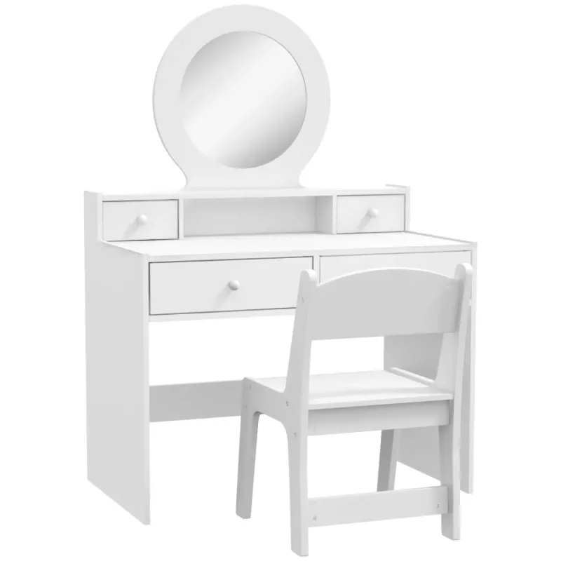AIYAPLAY Kids Dressing Table Set with Stool, Oval Mirror and 4 Storage Drawers