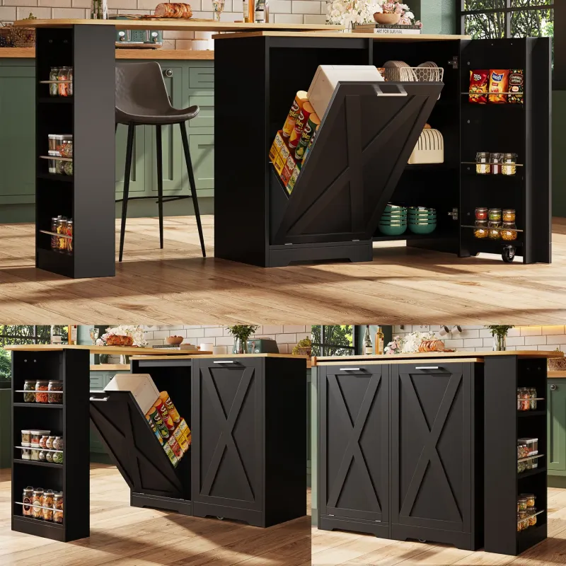 360° Rotating Extendable Kitchen Island and Bar Table with 3D Textured Cabinet - Black