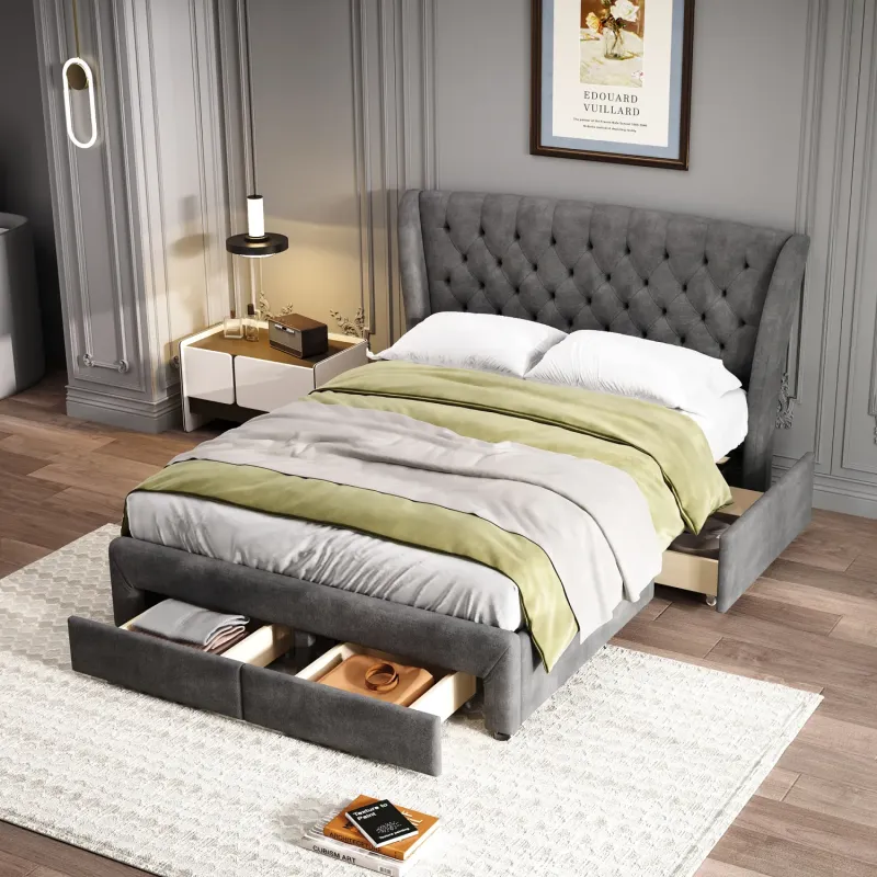 Grey Snowflake Fleece Upholstered Double Storage Bed with 4 Drawers