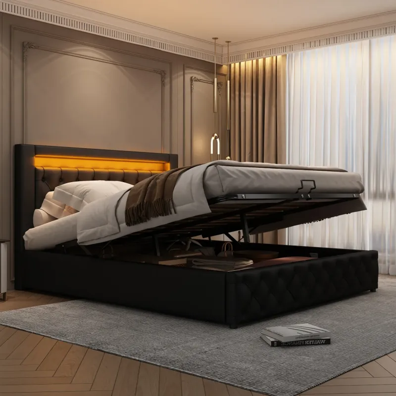 Double LED Ottoman Storage Bed in Black PU Leather