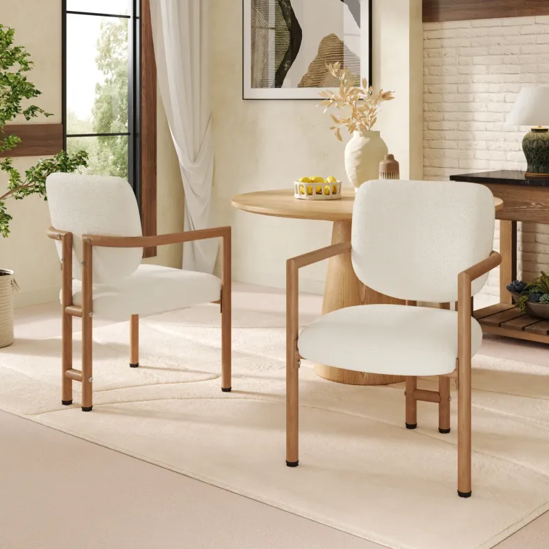 Set of 2 Boucle Dining Chairs with Wood-Effect Metal Legs - Beige