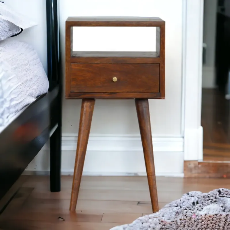 Mini Chestnut Solid Mango Wood Bedside Table with Drawer and Shelf