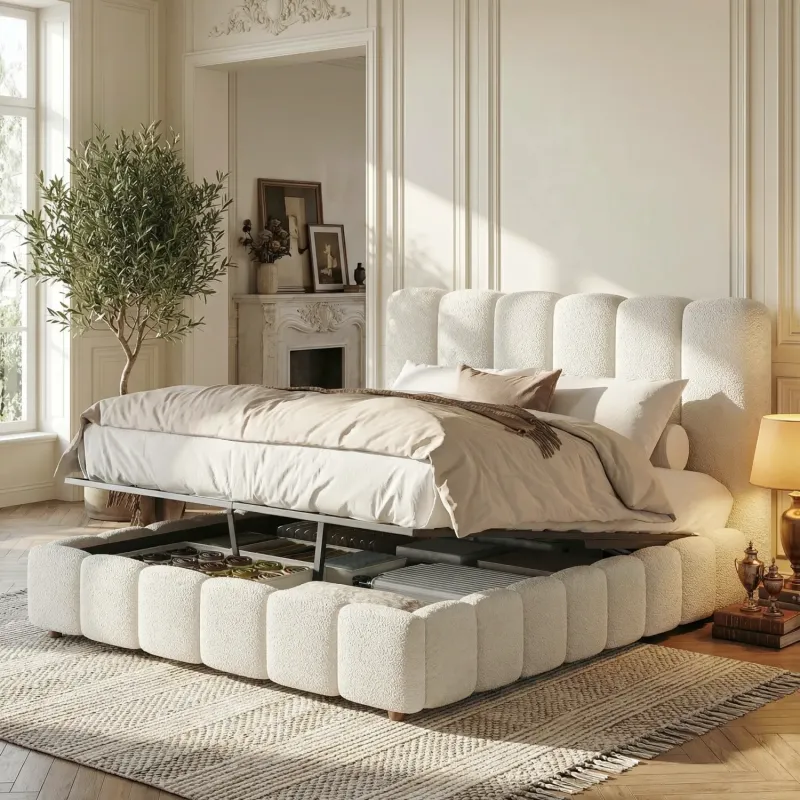 White Bouclé Upholstered 4ft6 Double Ottoman Bed with Vertical Stitching