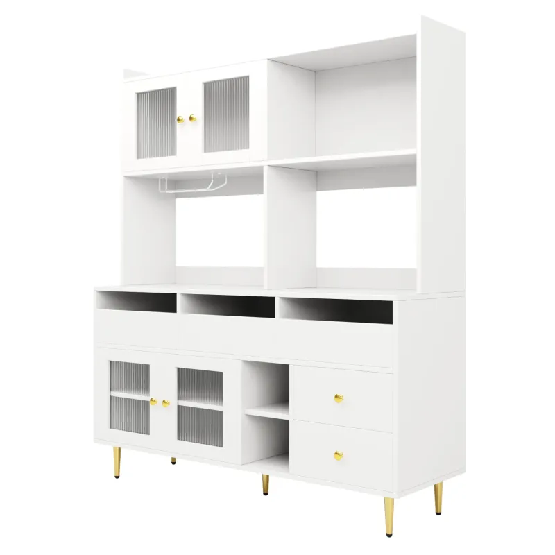 White & Gold Large Storage Cabinet with Fluted Glass Doors and Wine Rack