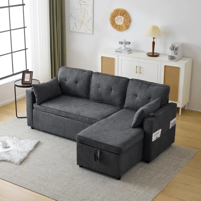 3-Seater L-Shaped Convertible Sofa Bed with Reversible Storage Chaise - Grey