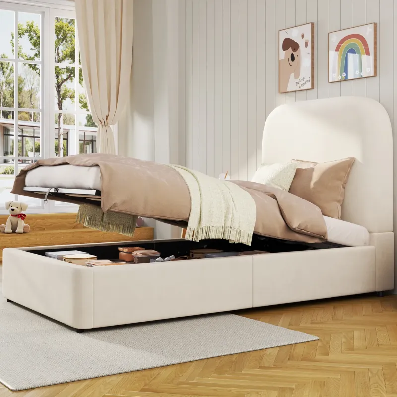 Beige Velvet Hydraulic Ottoman Storage Bed - Single (3ft)