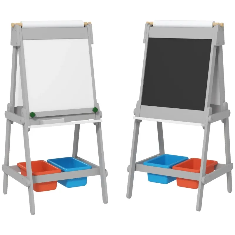 Double-Sided Kids' Art Easel with Paper Roll, Chalkboard & Whiteboard