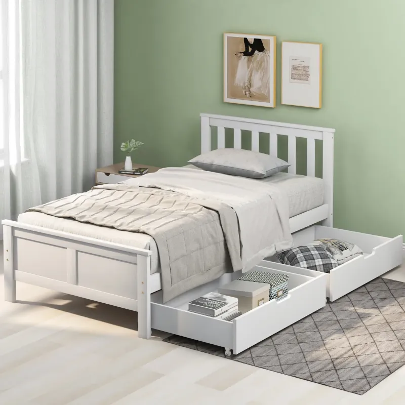 Solid Pine 3ft Single Storage Bed Frame with Drawers - White