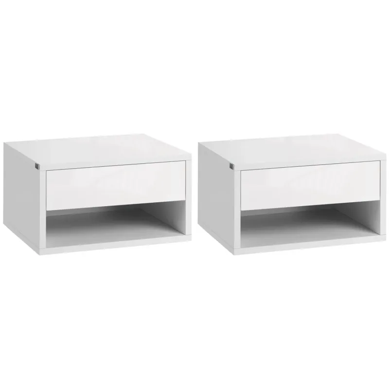 Set of 2 Floating Bedside Tables with Drawer and Shelf, High Gloss White