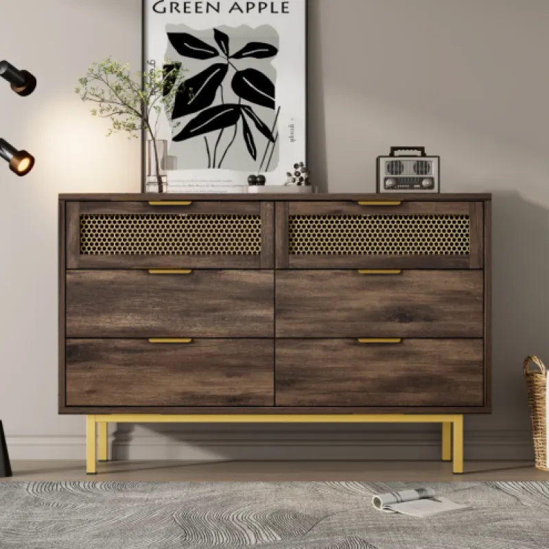Industrial 6-Drawer Sideboard Chest in Dark Brown Wood Grain