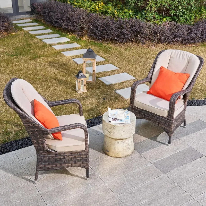 3-Piece Rattan Garden Furniture Set with Waterproof Natural Wood Side Table